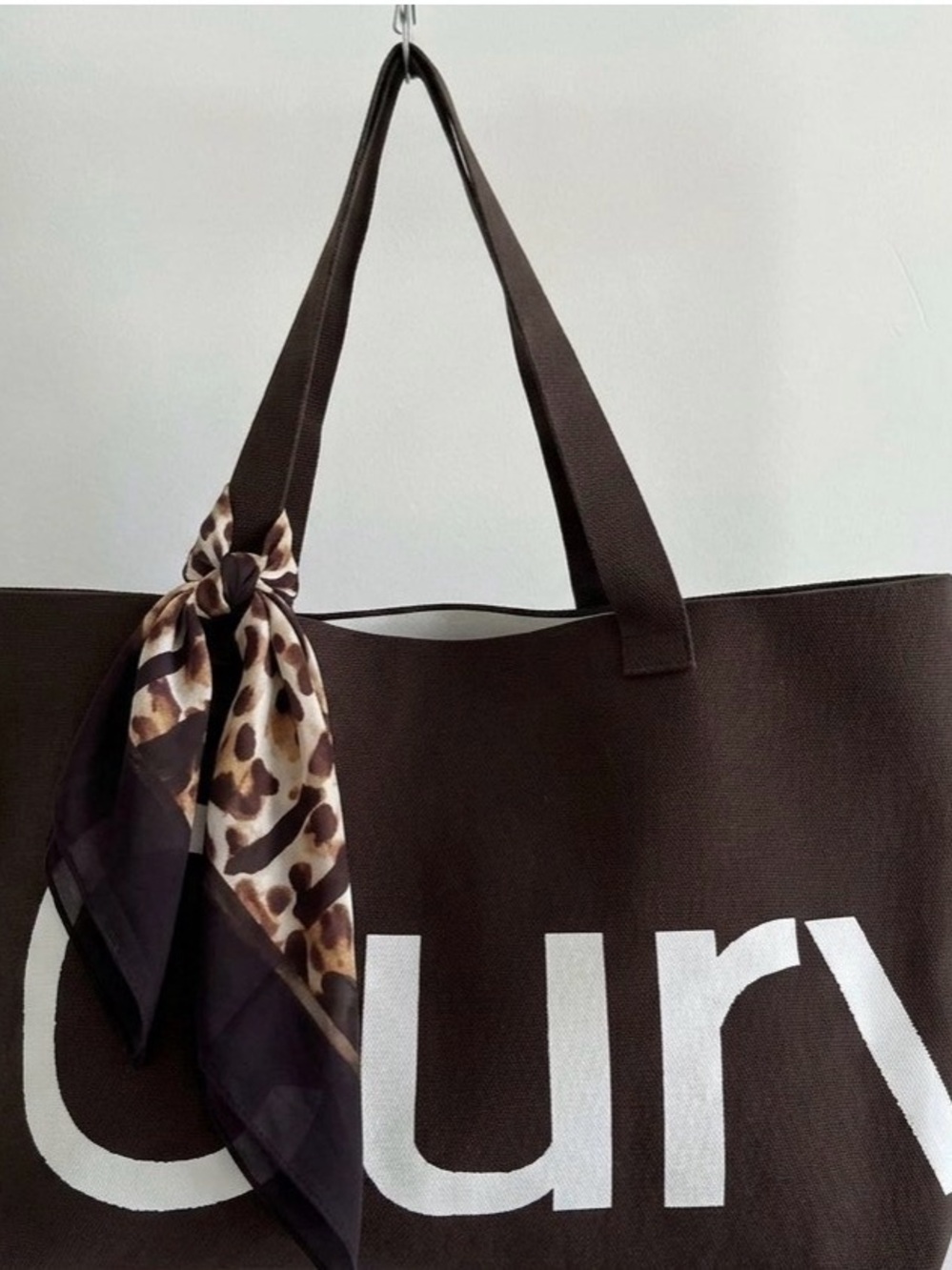 Everyday Dark Brown Tote with Leopard Scarf Accent